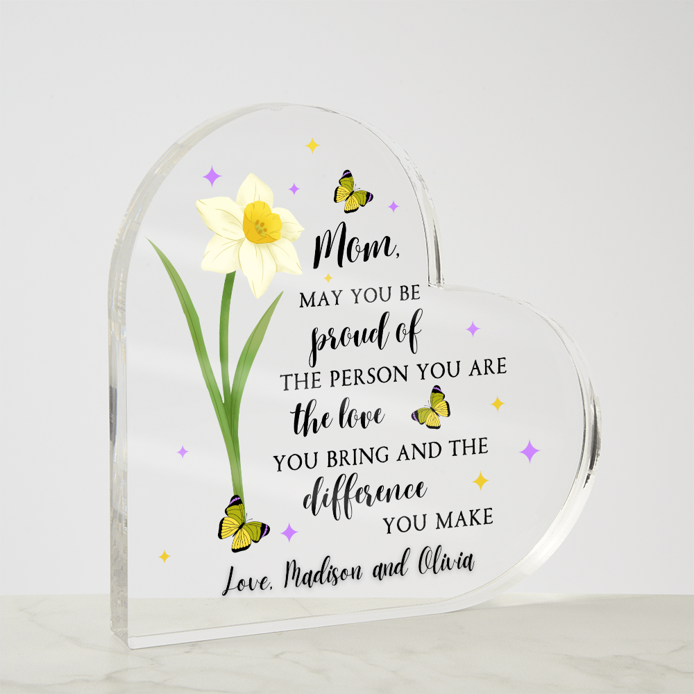 Personalized Acrylic Heart with Yellow Day Lilly Flower – Custom Mother’s Day Gift for Mom