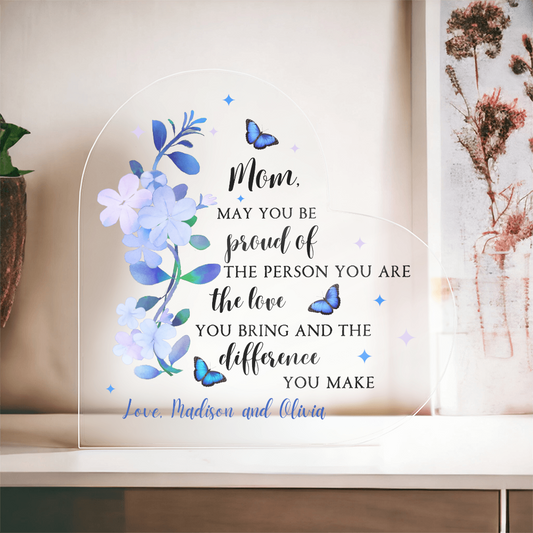 Personalized Acrylic Heart with Blue Flowers – Custom Mother’s Day Gift for Mom