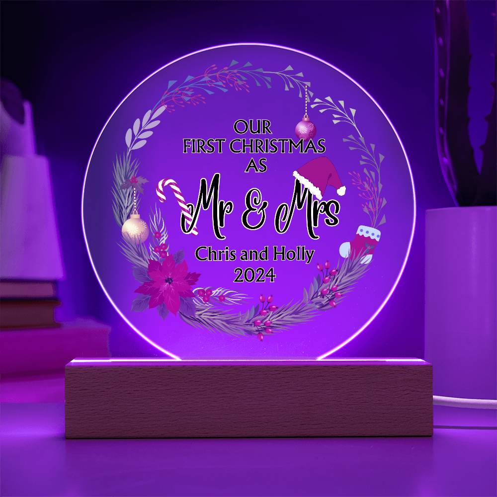 Decorative Acrylic Light - Our First Christmas as Mr and Mrs - Gift for Wife or Husband or Newlyweds - Personalizable