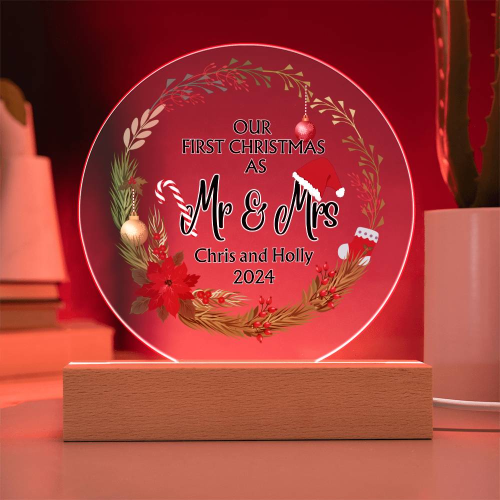 Decorative Acrylic Light - Our First Christmas as Mr and Mrs - Gift for Wife or Husband or Newlyweds - Personalizable