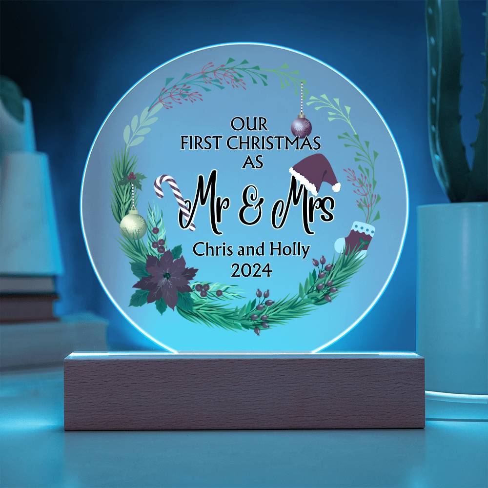 Decorative Acrylic Light - Our First Christmas as Mr and Mrs - Gift for Wife or Husband or Newlyweds - Personalizable