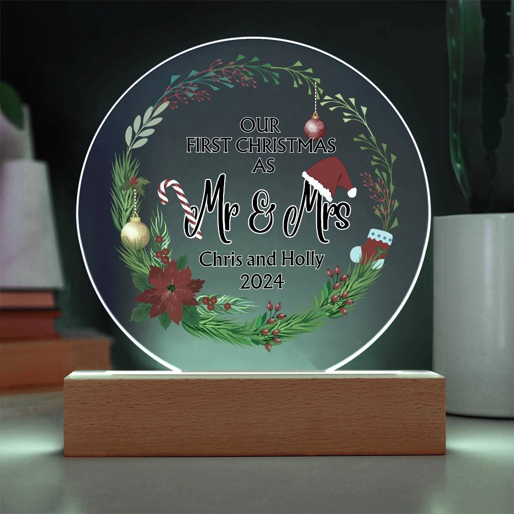 Decorative Acrylic Light - Our First Christmas as Mr and Mrs - Gift for Wife or Husband or Newlyweds - Personalizable