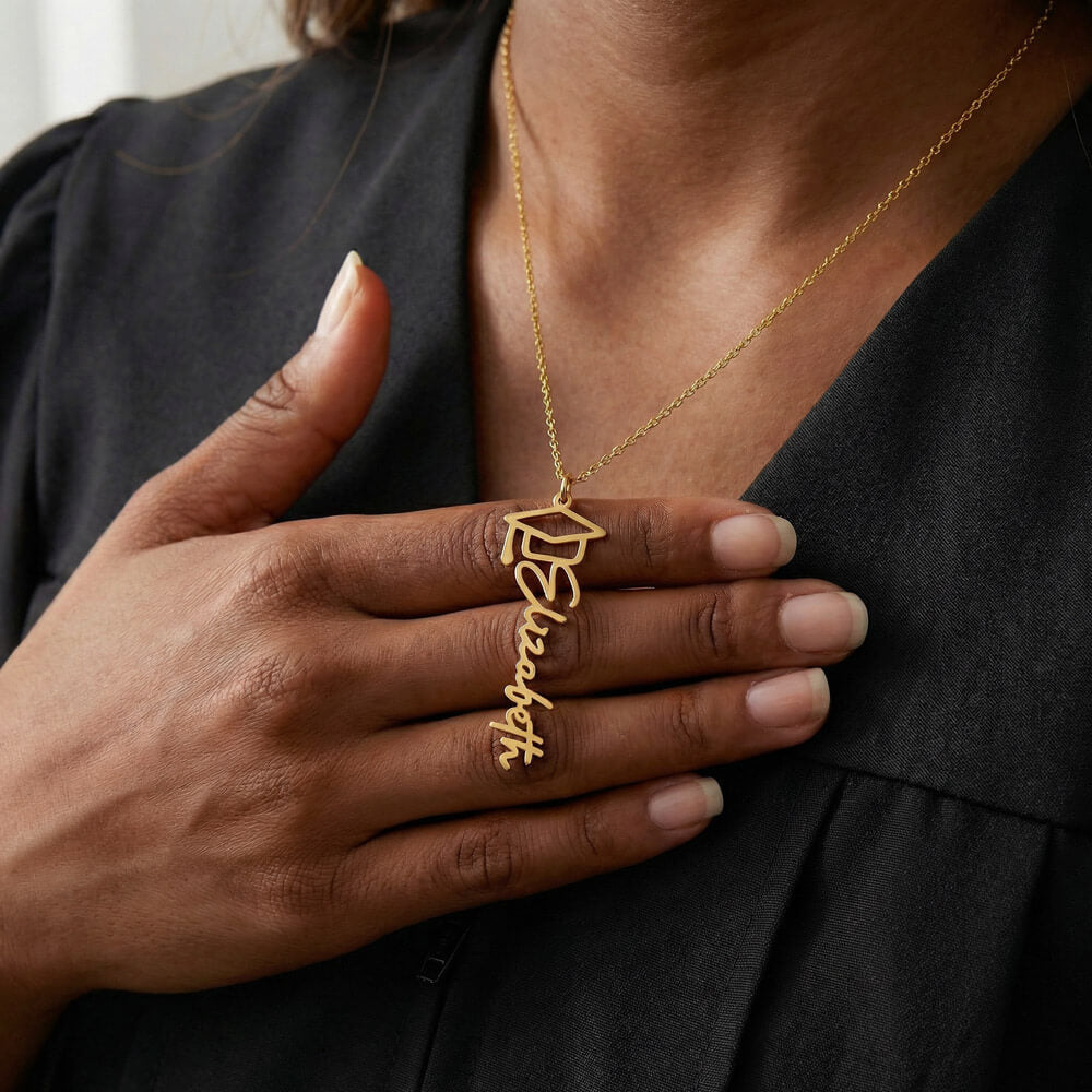 Graduation Name Necklace - Purple and Gold on White