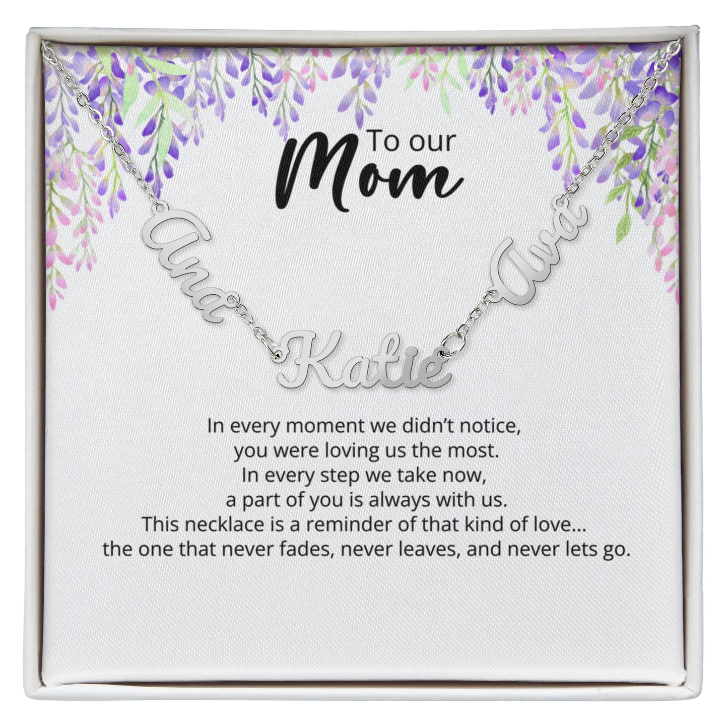 To Our Mom - Custom Signature  - Multi-name Necklace with Heartfelt Message - Purple Flower Theme