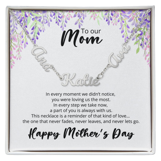 To Our Mom -Mothers Day - Multi-name Necklace with Heartfelt Message - Purple Flower Theme