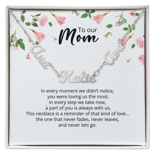 To Our Mom -Multi-name Necklace with Heartfelt Message - Pink Flower Theme