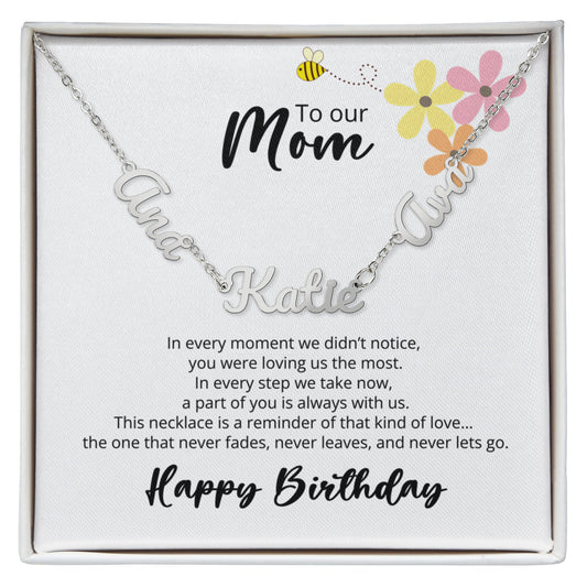 To Our Mom - Happy Birthday - Multi-name Necklace with Heartfelt Message - Flower and Bee theme
