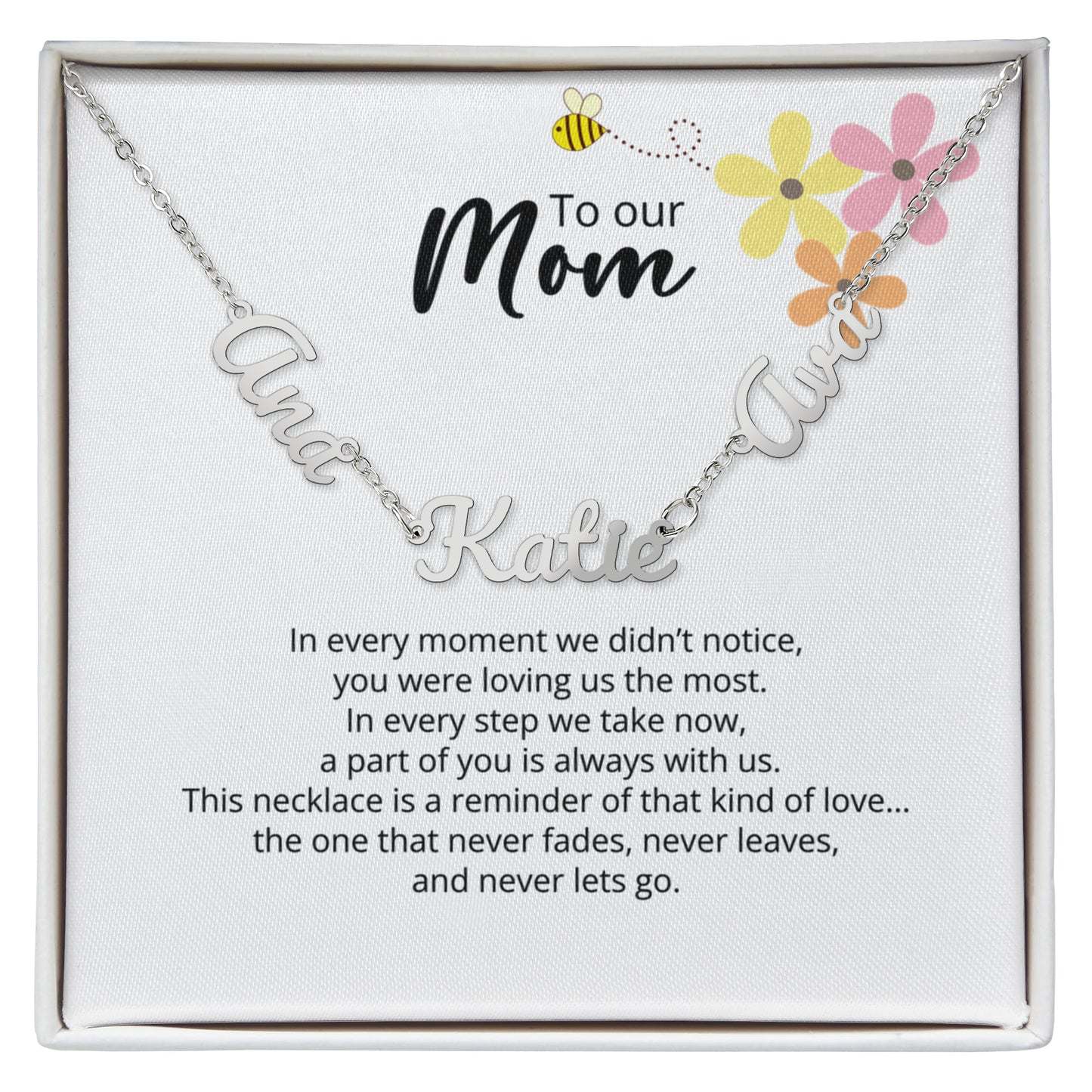 To Our Mom -Multi-name Necklace with Heartfelt Message - Flower and Bee theme
