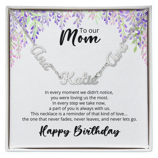 To Our Mom - Happy Birthday - Multi-name Necklace with Heartfelt Message, Purple Flowers