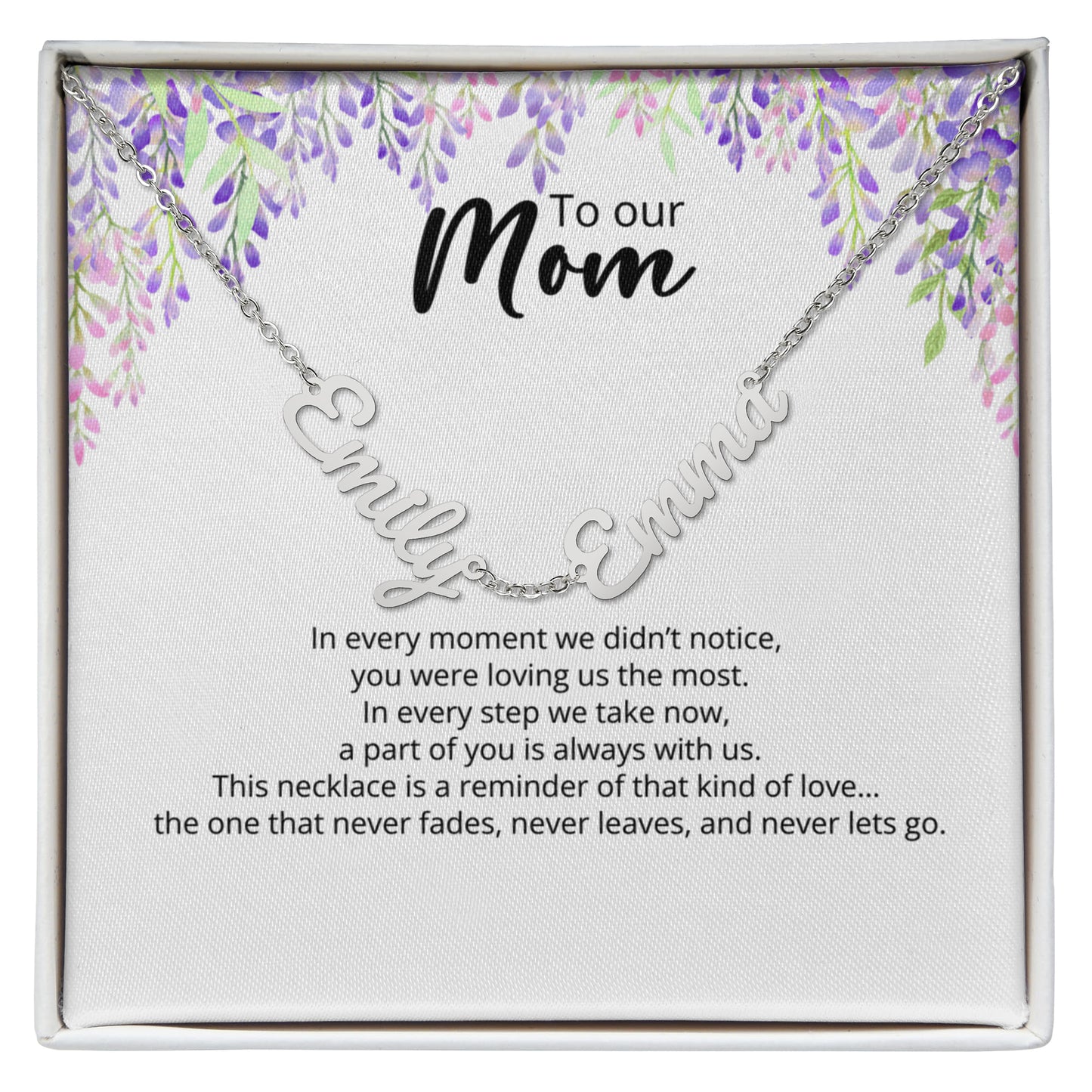 To Our Mom - Custom Signature  - Multi-name Necklace with Heartfelt Message - Purple Flower Theme