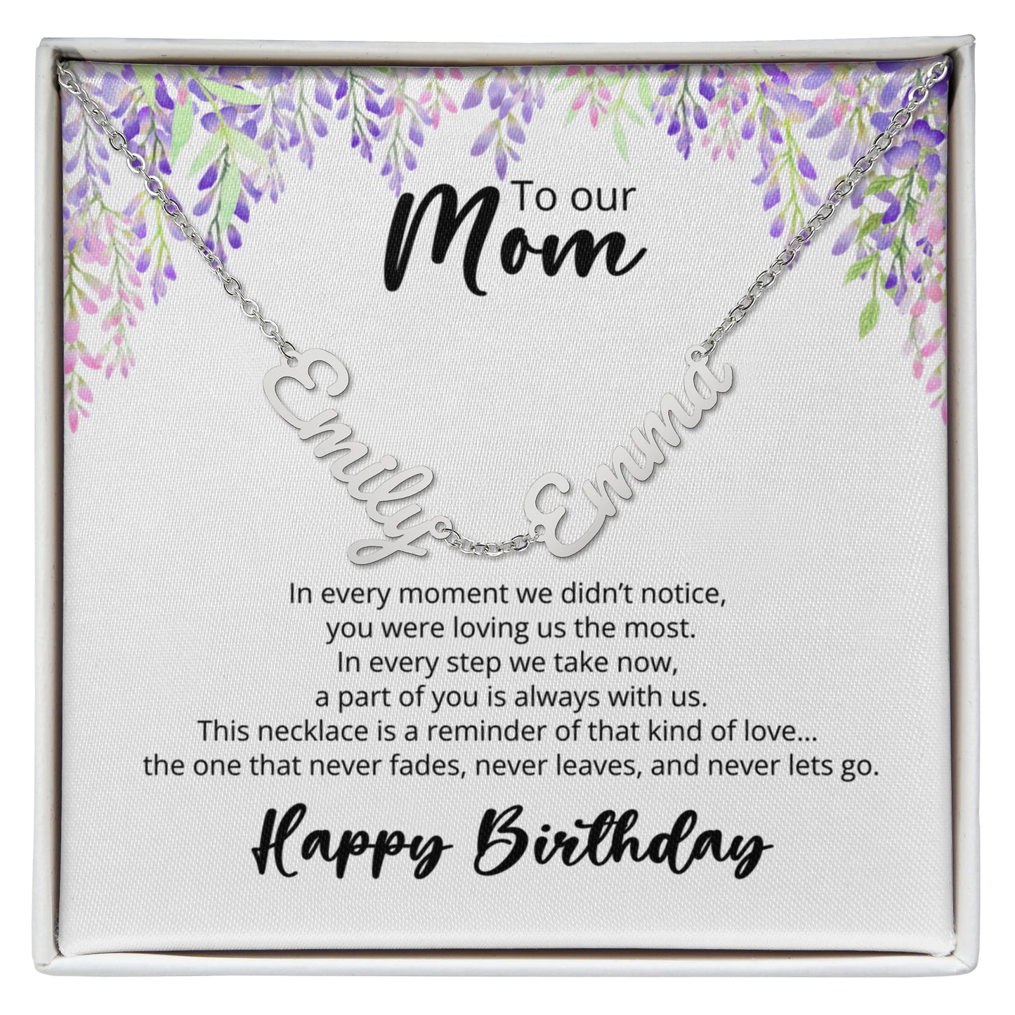 To Our Mom - Happy Birthday - Multi-name Necklace with Heartfelt Message, Purple Flowers