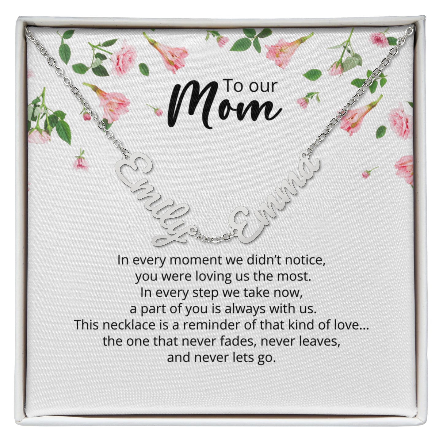 To Our Mom -Multi-name Necklace with Heartfelt Message - Pink Flower Theme