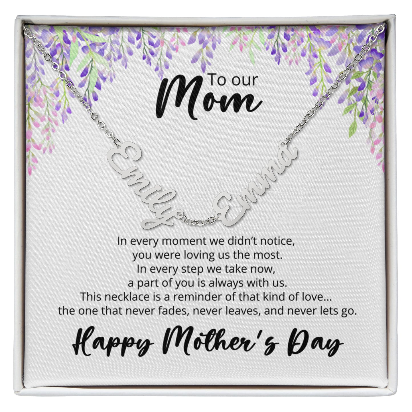 To Our Mom -Mothers Day - Multi-name Necklace with Heartfelt Message - Purple Flower Theme