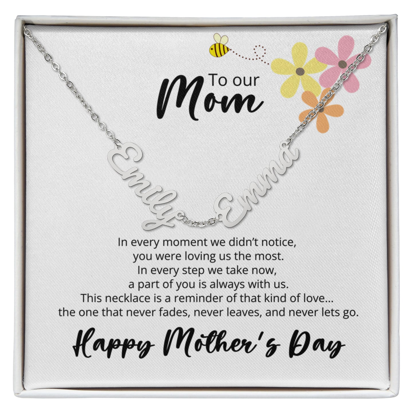 To Our Mom -Mothers Day - Multi-name Necklace with Heartfelt Message -Flower and Bee Theme