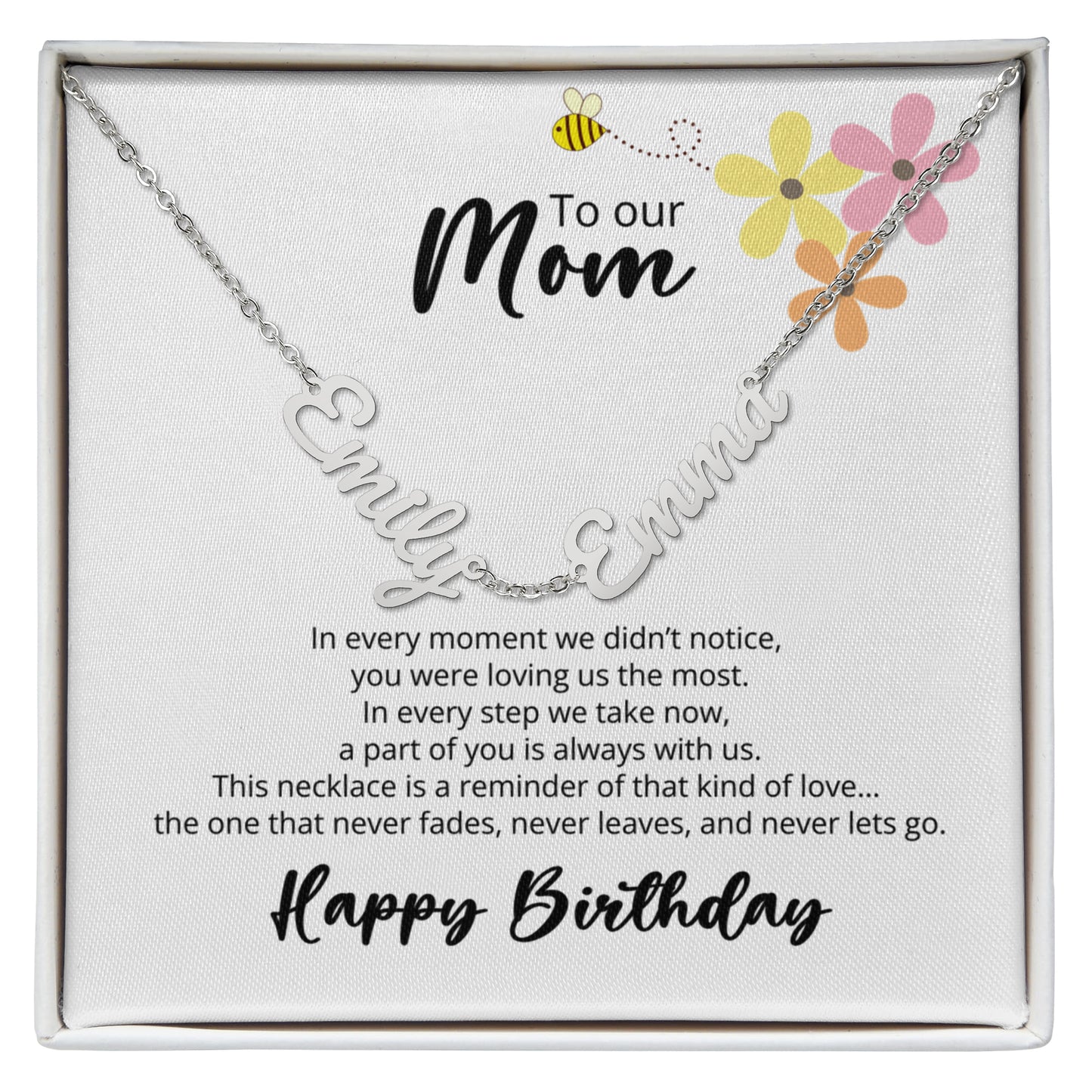 To Our Mom - Happy Birthday - Multi-name Necklace with Heartfelt Message - Flower and Bee theme