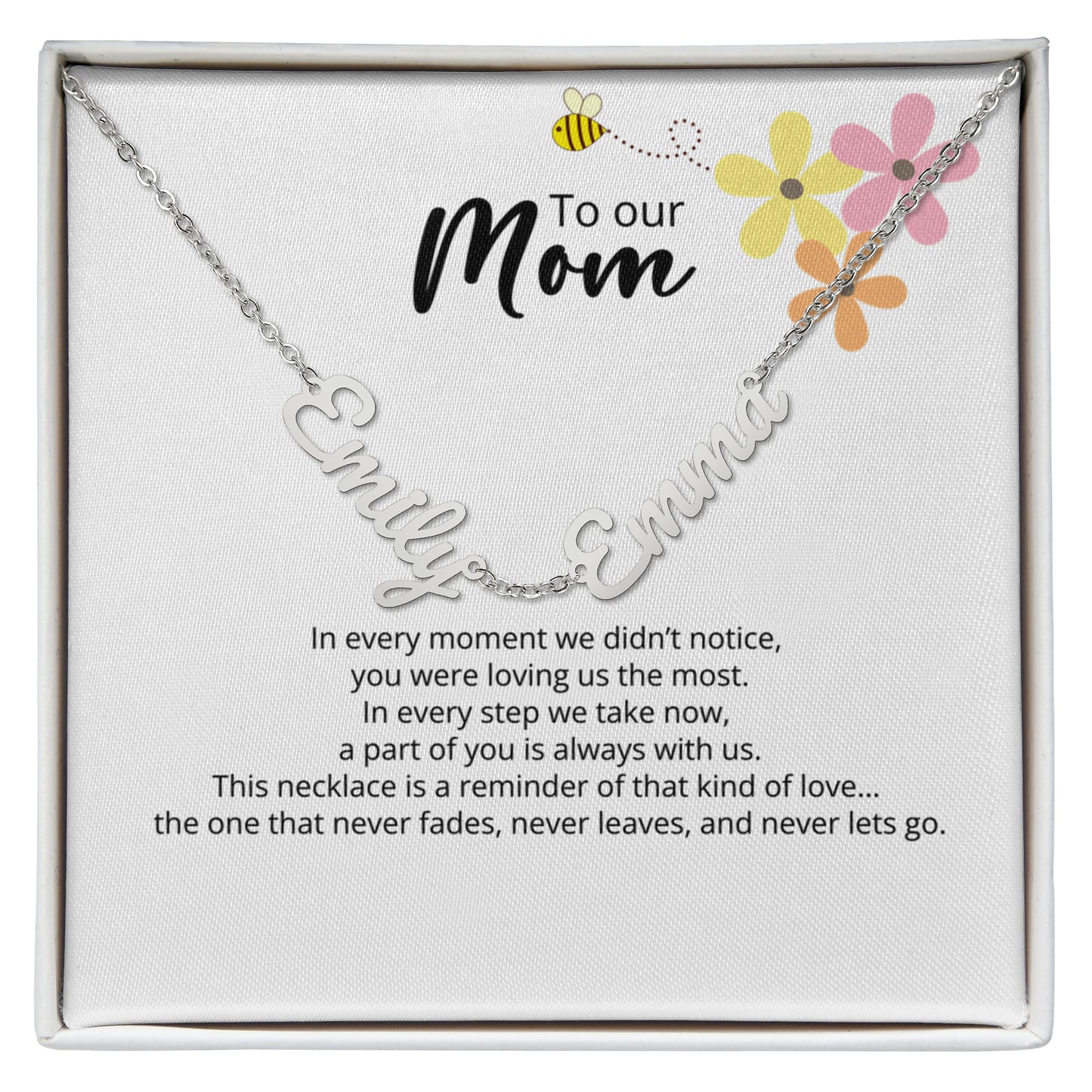 To Our Mom -Custom Signature - Multi-name Necklace with Heartfelt Message - Flower Bee  Theme
