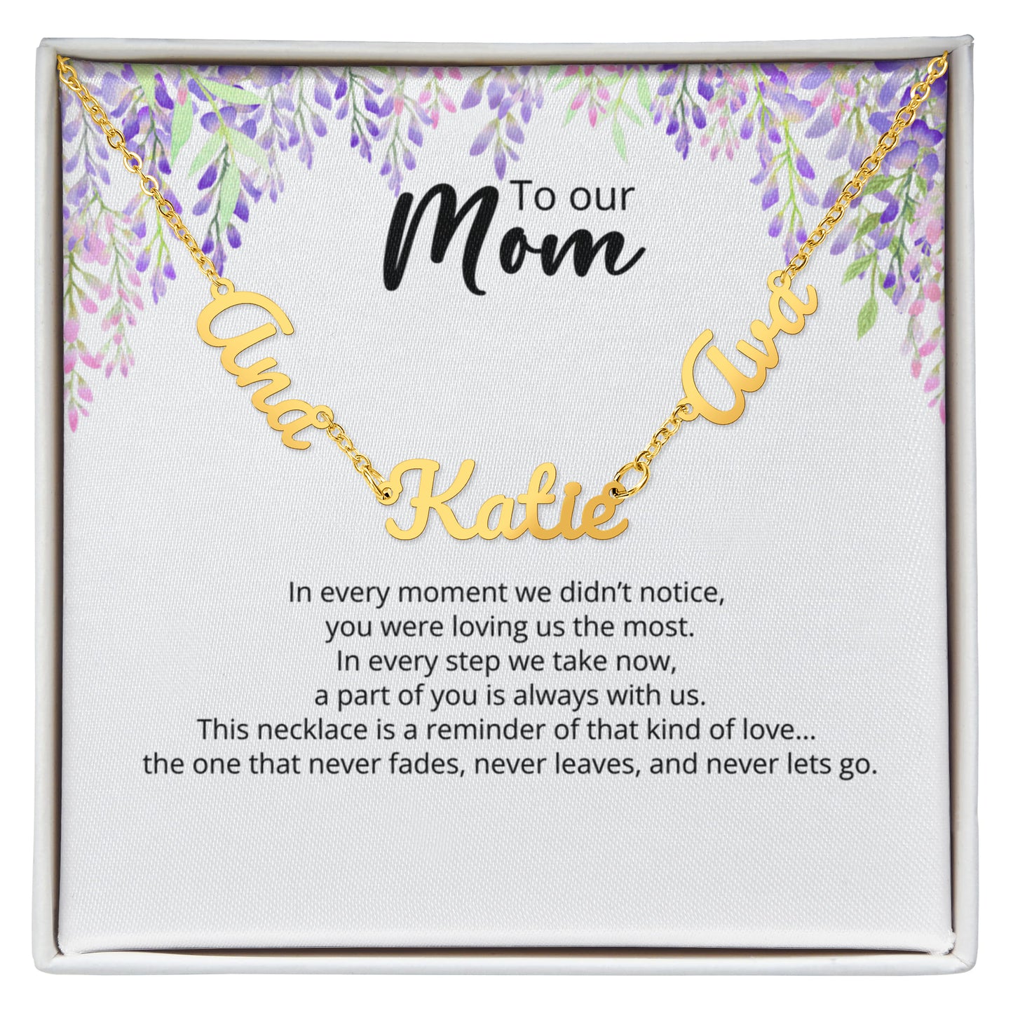 To Our Mom - Custom Signature  - Multi-name Necklace with Heartfelt Message - Purple Flower Theme