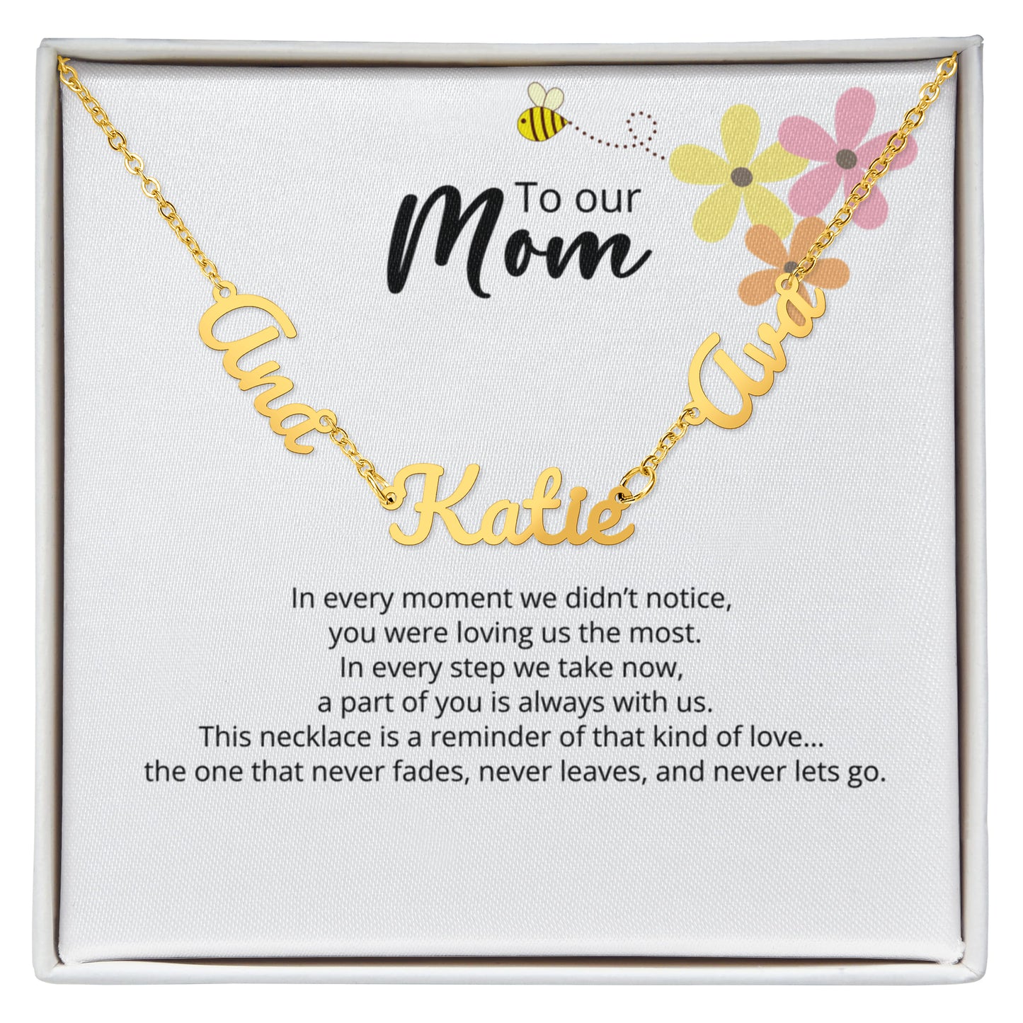 To Our Mom -Custom Signature - Multi-name Necklace with Heartfelt Message - Flower Bee  Theme