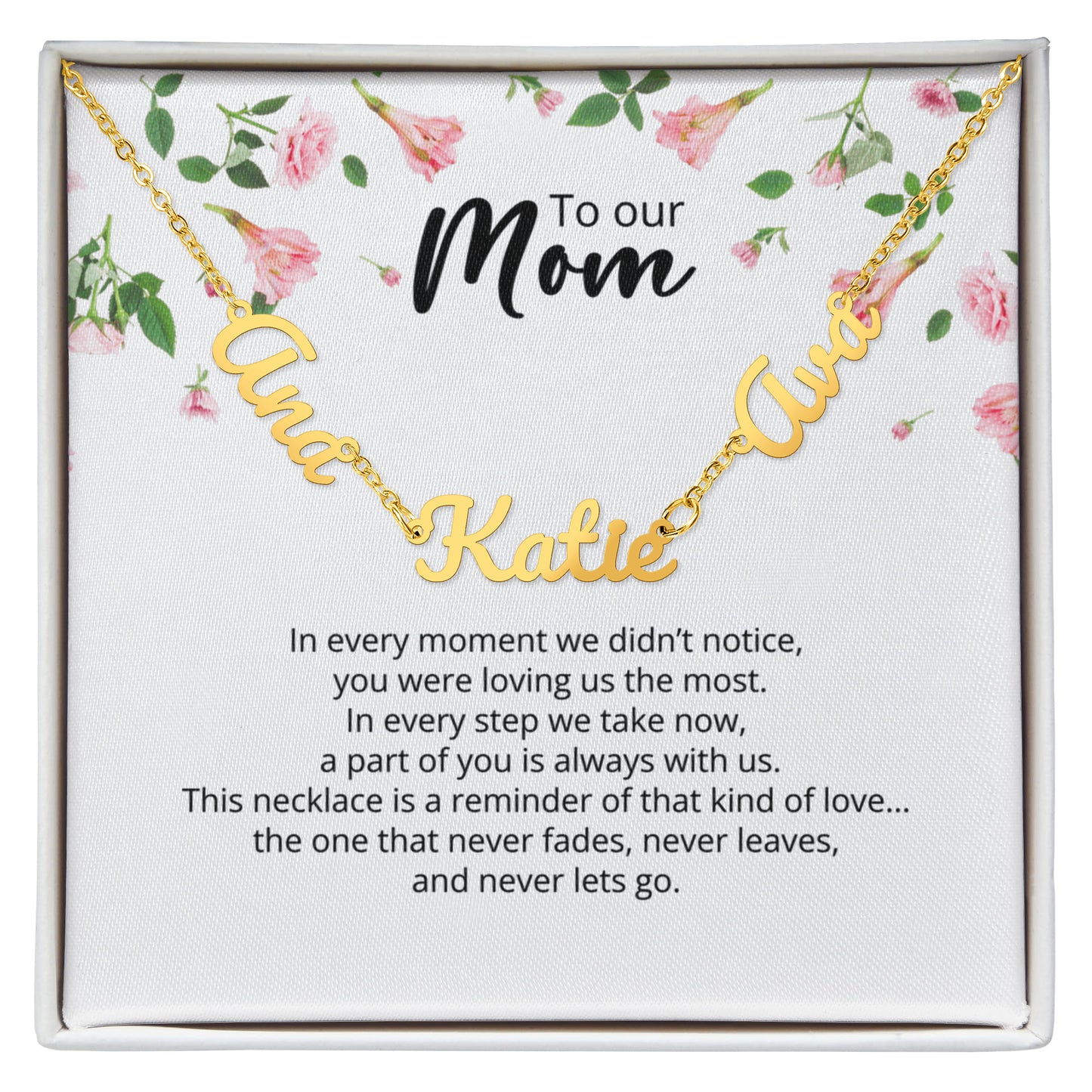 To Our Mom -Multi-name Necklace with Heartfelt Message - Pink Flower Theme