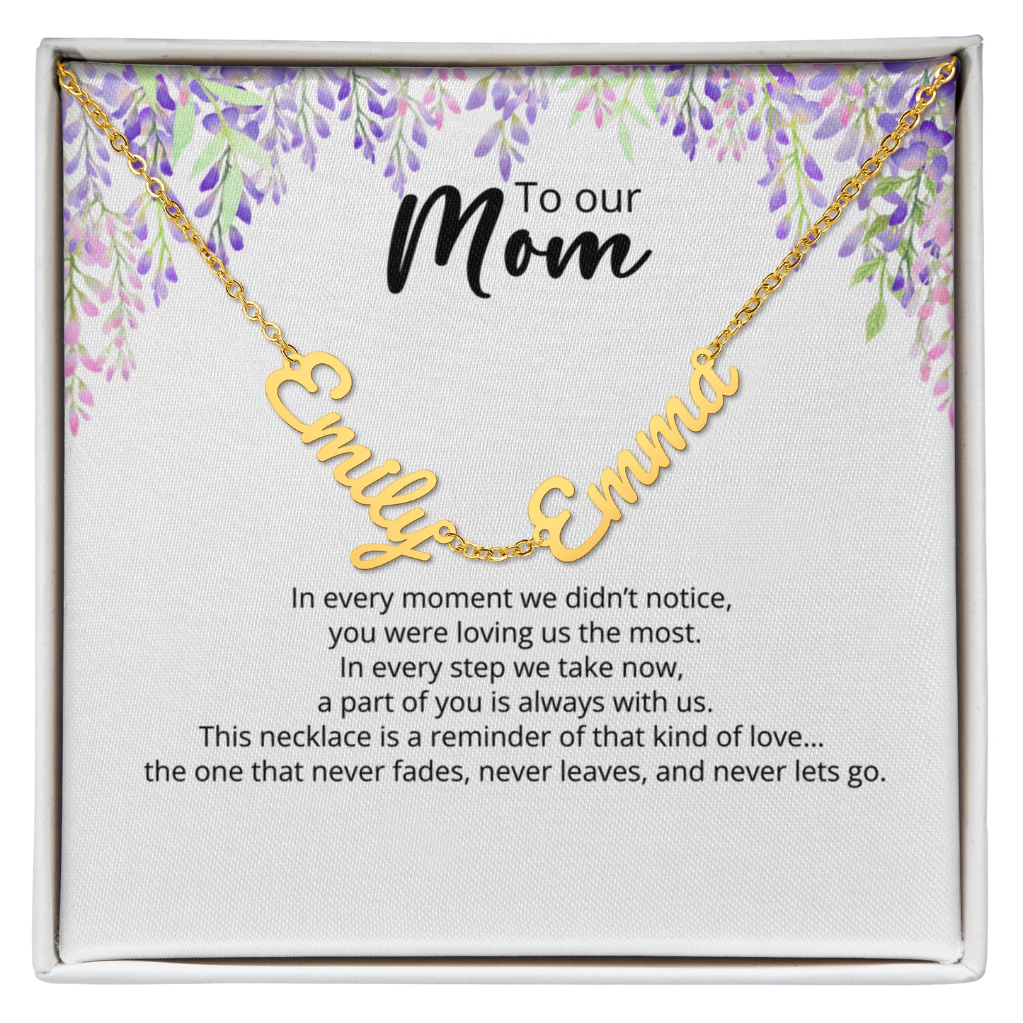 To Our Mom - Custom Signature  - Multi-name Necklace with Heartfelt Message - Purple Flower Theme
