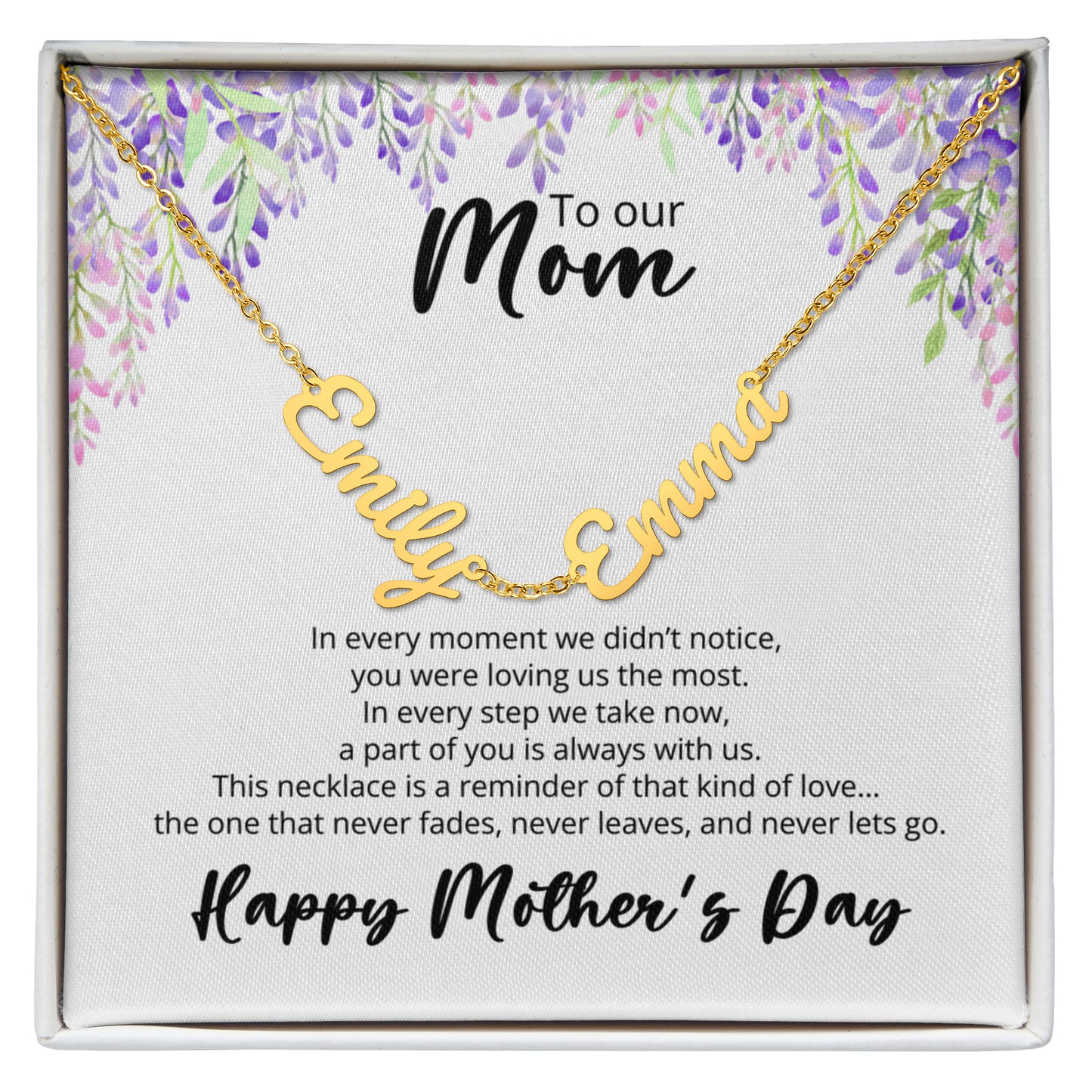 To Our Mom -Mothers Day - Multi-name Necklace with Heartfelt Message - Purple Flower Theme