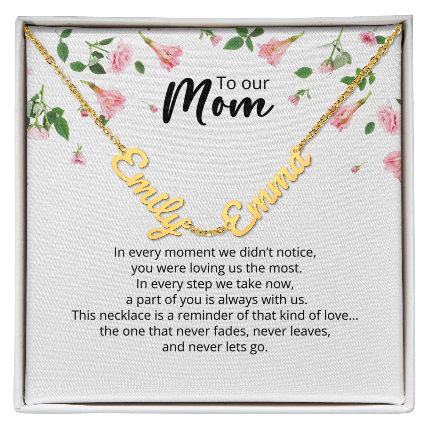 To Our Mom -Multi-name Necklace with Heartfelt Message - Pink Flower Theme