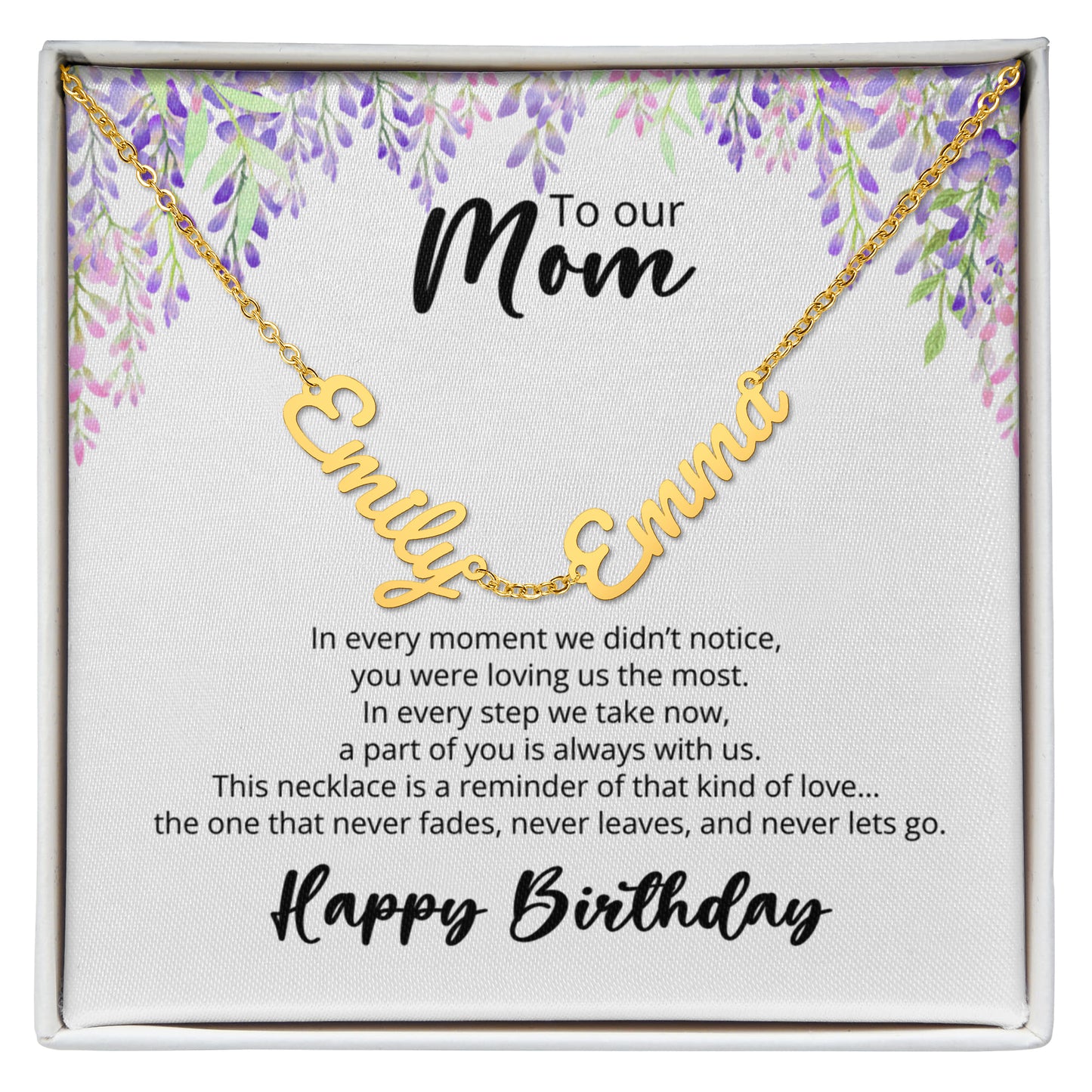 To Our Mom - Happy Birthday - Multi-name Necklace with Heartfelt Message, Purple Flowers