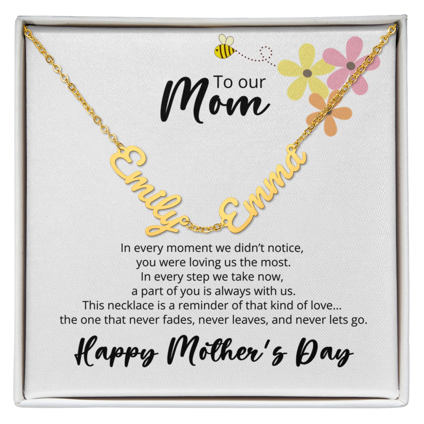 To Our Mom -Mothers Day - Multi-name Necklace with Heartfelt Message -Flower and Bee Theme