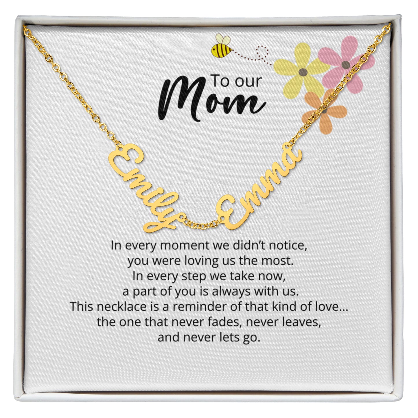 To Our Mom -Multi-name Necklace with Heartfelt Message - Flower and Bee theme
