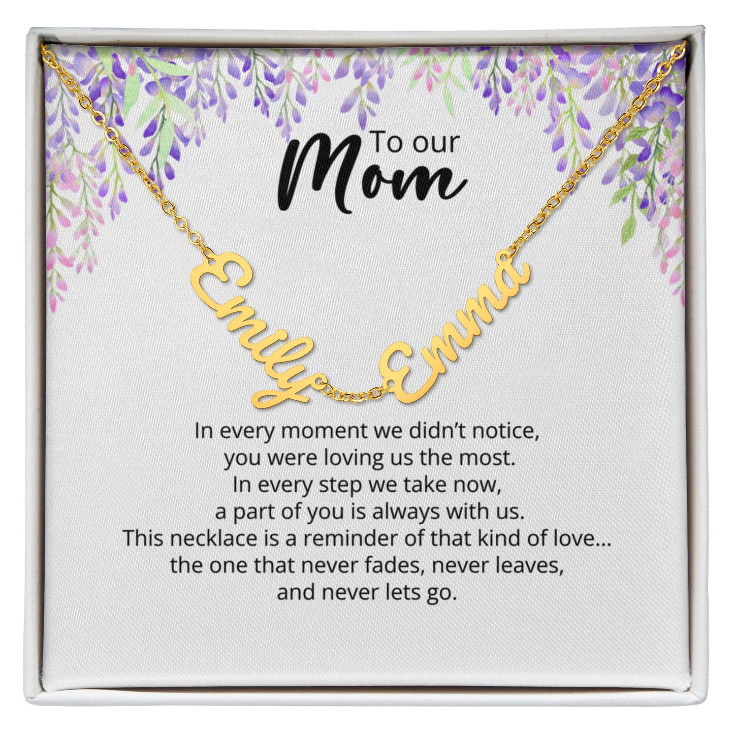 To Our Mom -Multi-name Necklace with Heartfelt Message - Purple Flower Theme