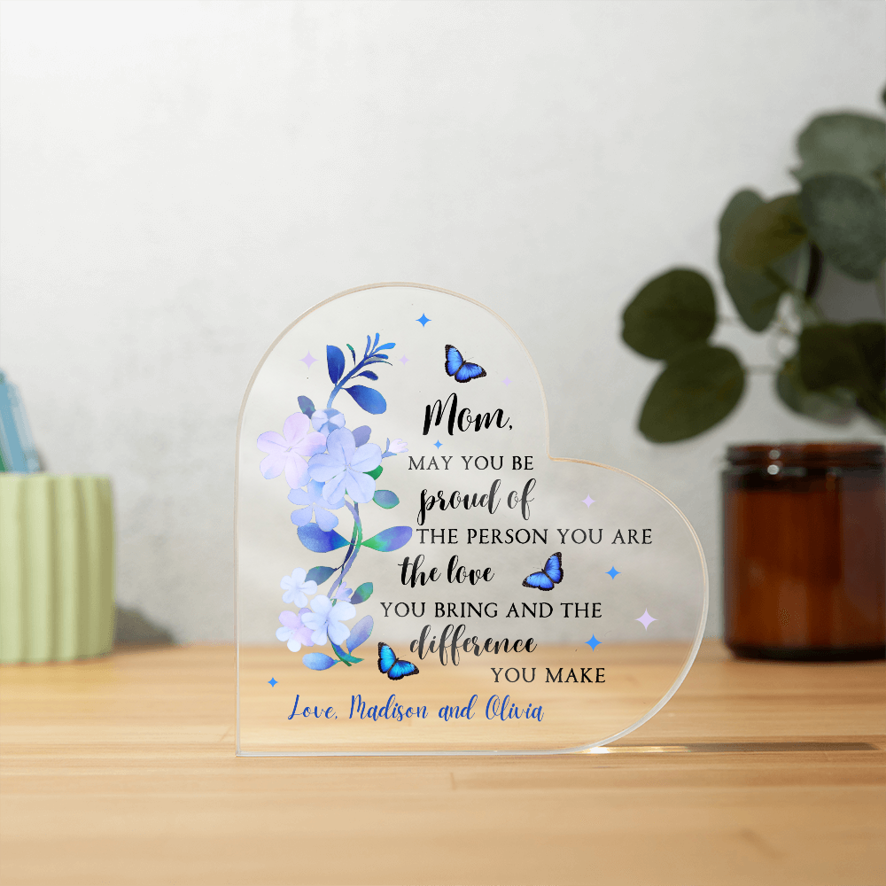 Personalized Acrylic Heart with Blue Flowers – Custom Mother’s Day Gift for Mom
