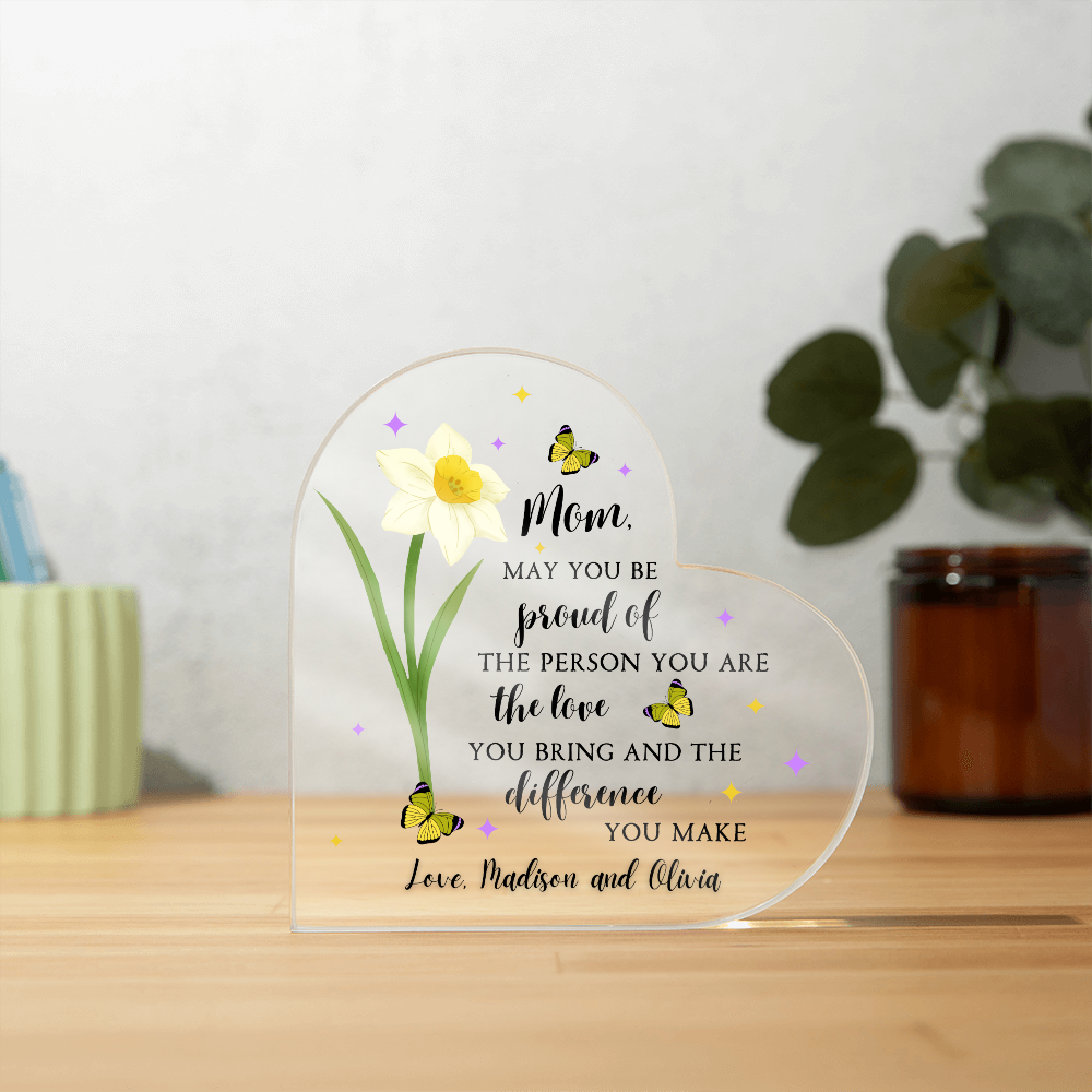 Personalized Acrylic Heart with Yellow Day Lilly Flower – Custom Mother’s Day Gift for Mom