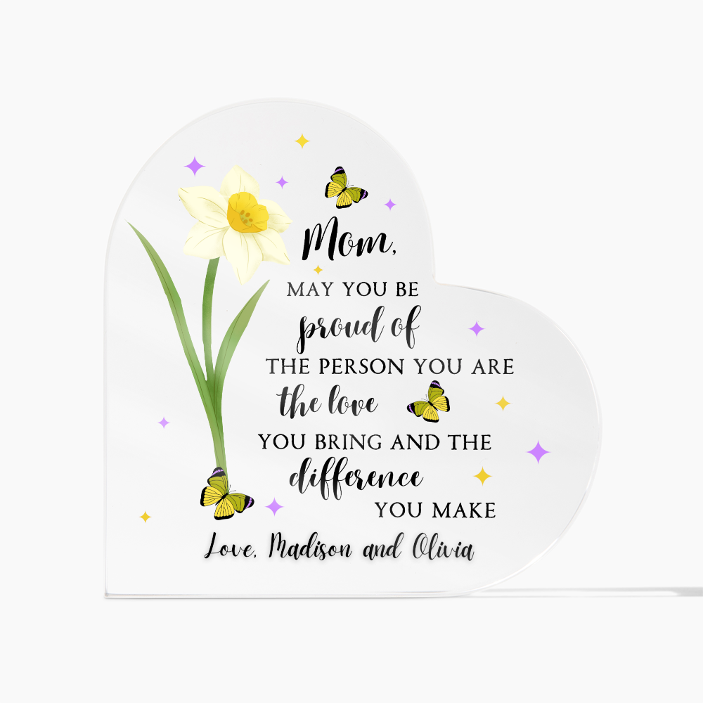 Personalized Acrylic Heart with Yellow Day Lilly Flower – Custom Mother’s Day Gift for Mom