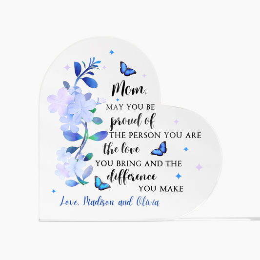 Personalized Acrylic Heart with Blue Flowers – Custom Mother’s Day Gift for Mom