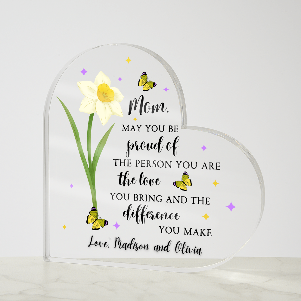 Personalized Acrylic Heart with Yellow Day Lilly Flower – Custom Mother’s Day Gift for Mom