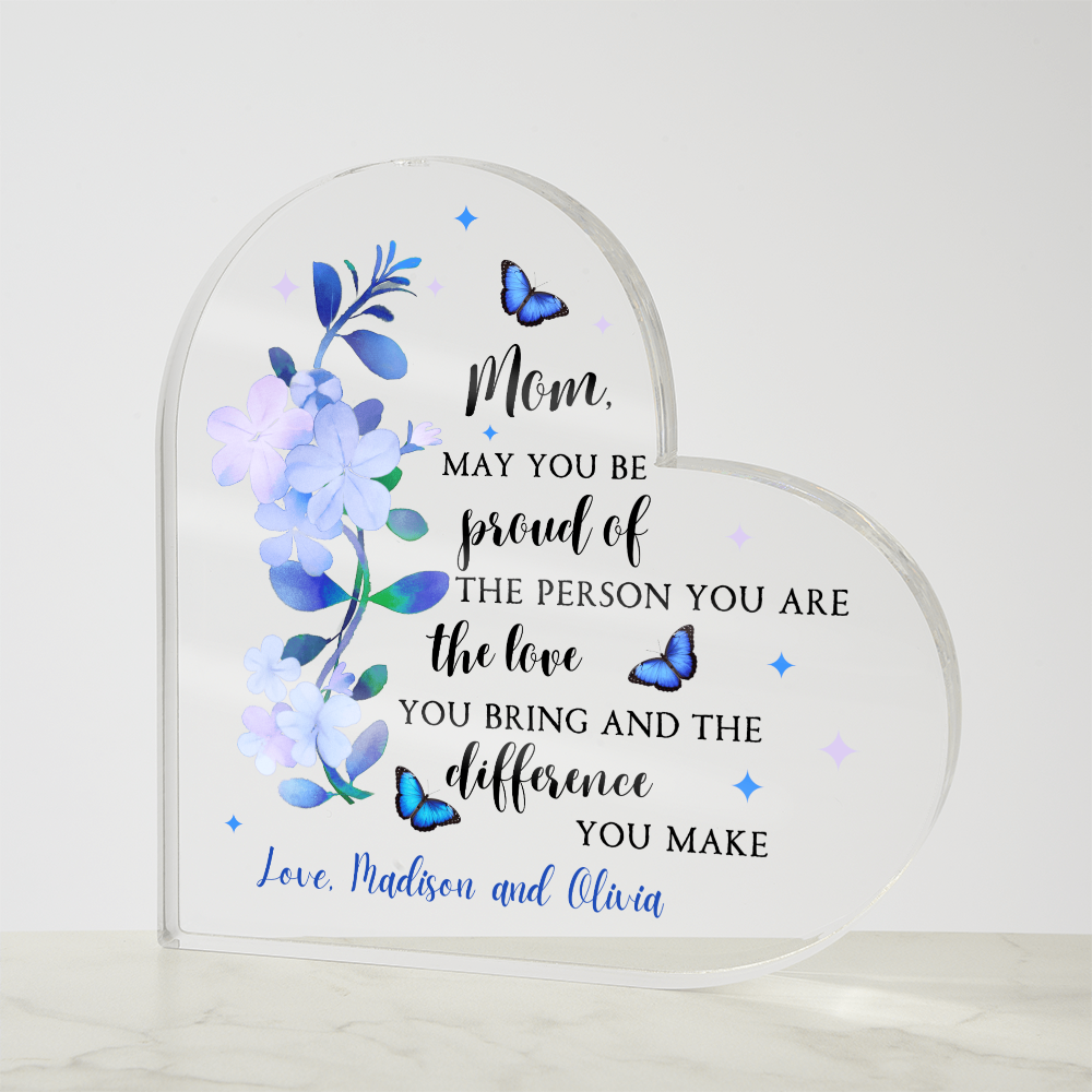 Personalized Acrylic Heart with Blue Flowers – Custom Mother’s Day Gift for Mom