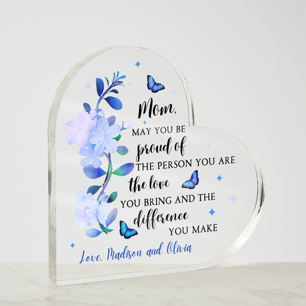 Personalized Acrylic Heart with Blue Flowers – Custom Mother’s Day Gift for Mom