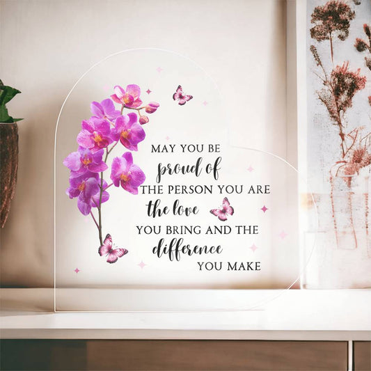 Personalized Acrylic Heart with Orchid Flower Design – Custom Mother’s Day Gift for Mom