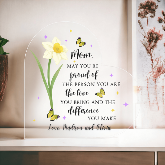 Personalized Acrylic Heart with Yellow Day Lilly Flower – Custom Mother’s Day Gift for Mom