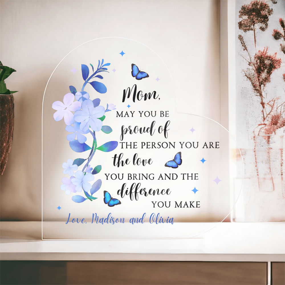 Personalized Acrylic Heart with Blue Flowers – Custom Mother’s Day Gift for Mom