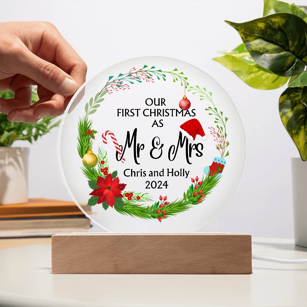 Decorative Acrylic Light -  Our First Christmas as Mr and Mrs - Gift for Wife or Husband or Newlyweds - Personalizable