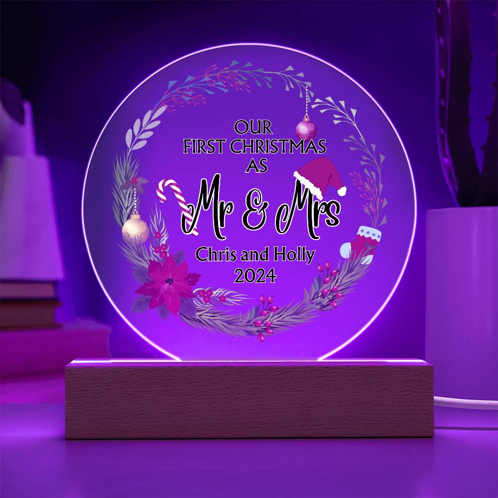 Decorative Acrylic Light -  Our First Christmas as Mr and Mrs - Gift for Wife or Husband or Newlyweds - Personalizable