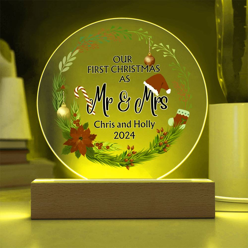 Decorative Acrylic Light -  Our First Christmas as Mr and Mrs - Gift for Wife or Husband or Newlyweds - Personalizable