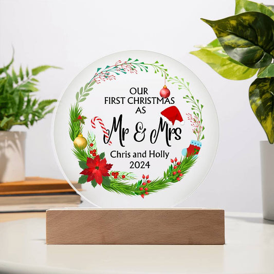 Decorative Acrylic Light -  Our First Christmas as Mr and Mrs - Gift for Wife or Husband or Newlyweds - Personalizable