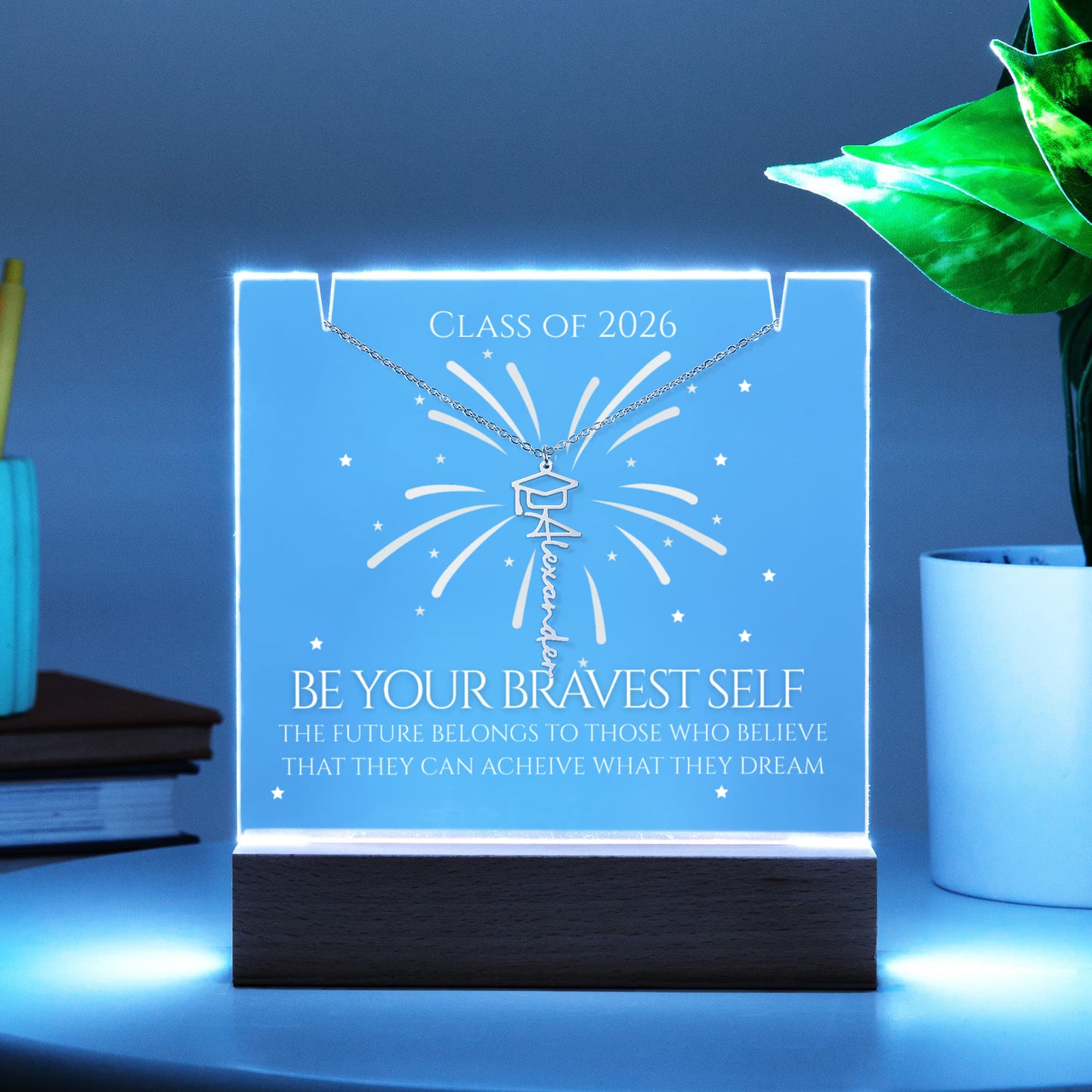 Graduation Name Necklace and Acrylic Stand - Be Your Bravest Self