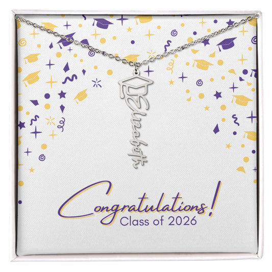 Graduation Name Necklace - Purple and Gold on White