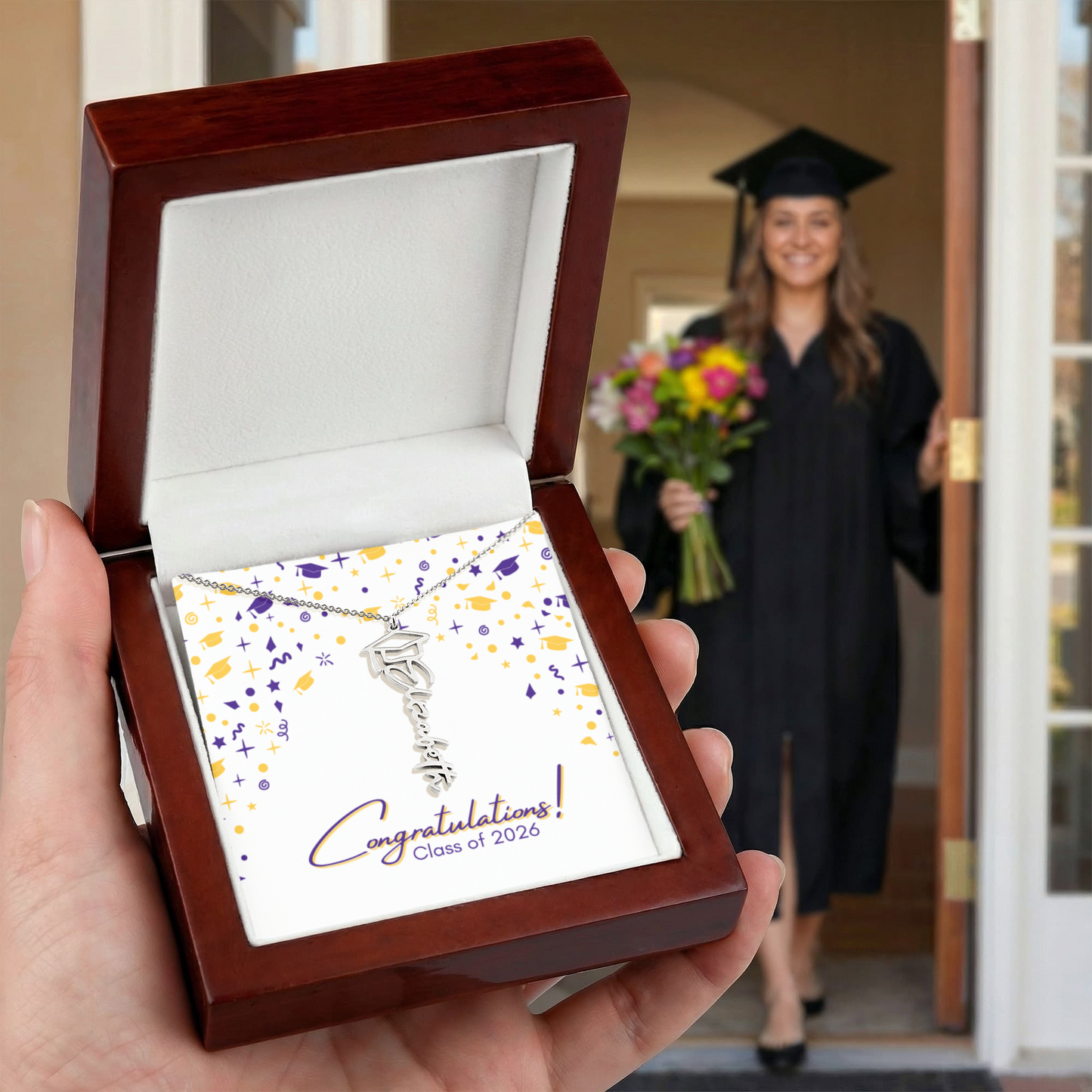 Graduation Name Necklace - Purple and Gold on White
