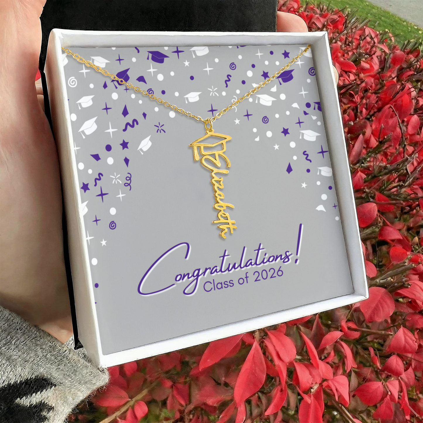 Graduation Name Necklace - Purple and White