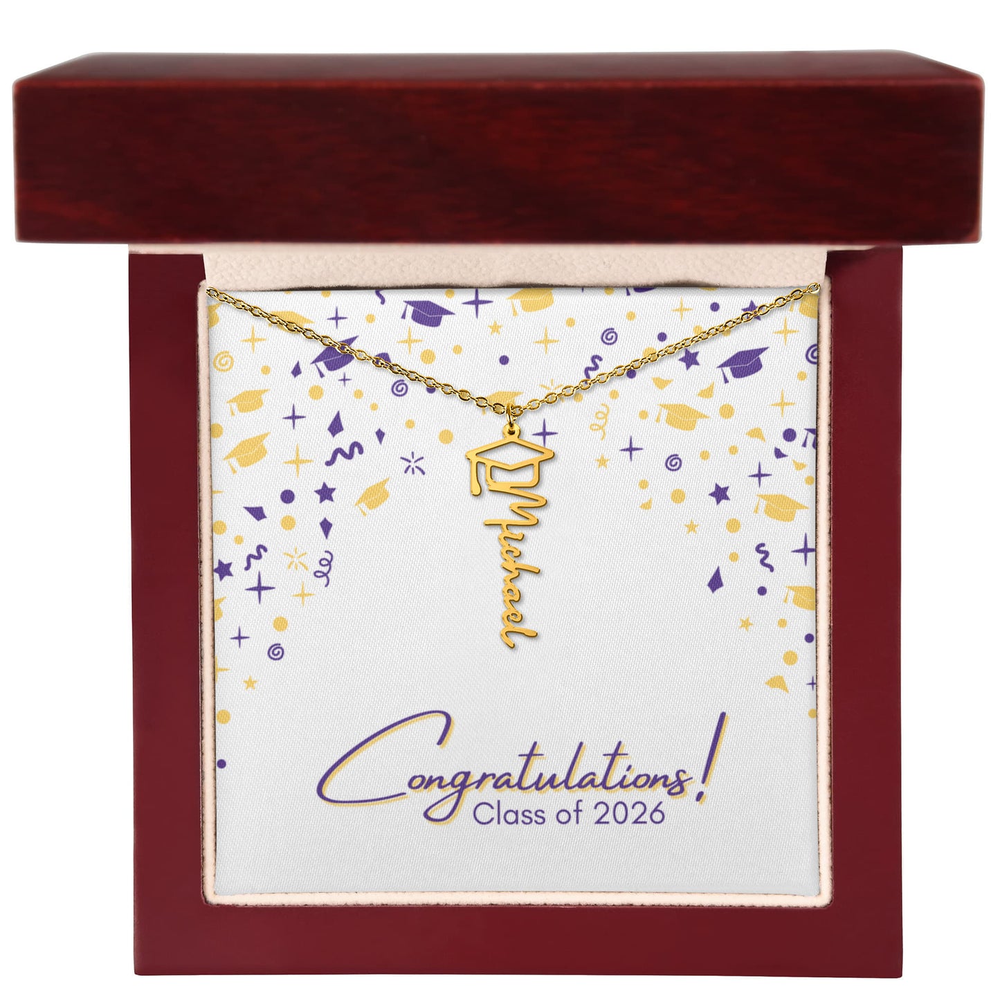 Graduation Name Necklace - Purple and Gold on White