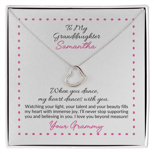 Delicate Heart Necklace - Personalize your message! From Grandparent to Granddaughter Dancer - Pink Border